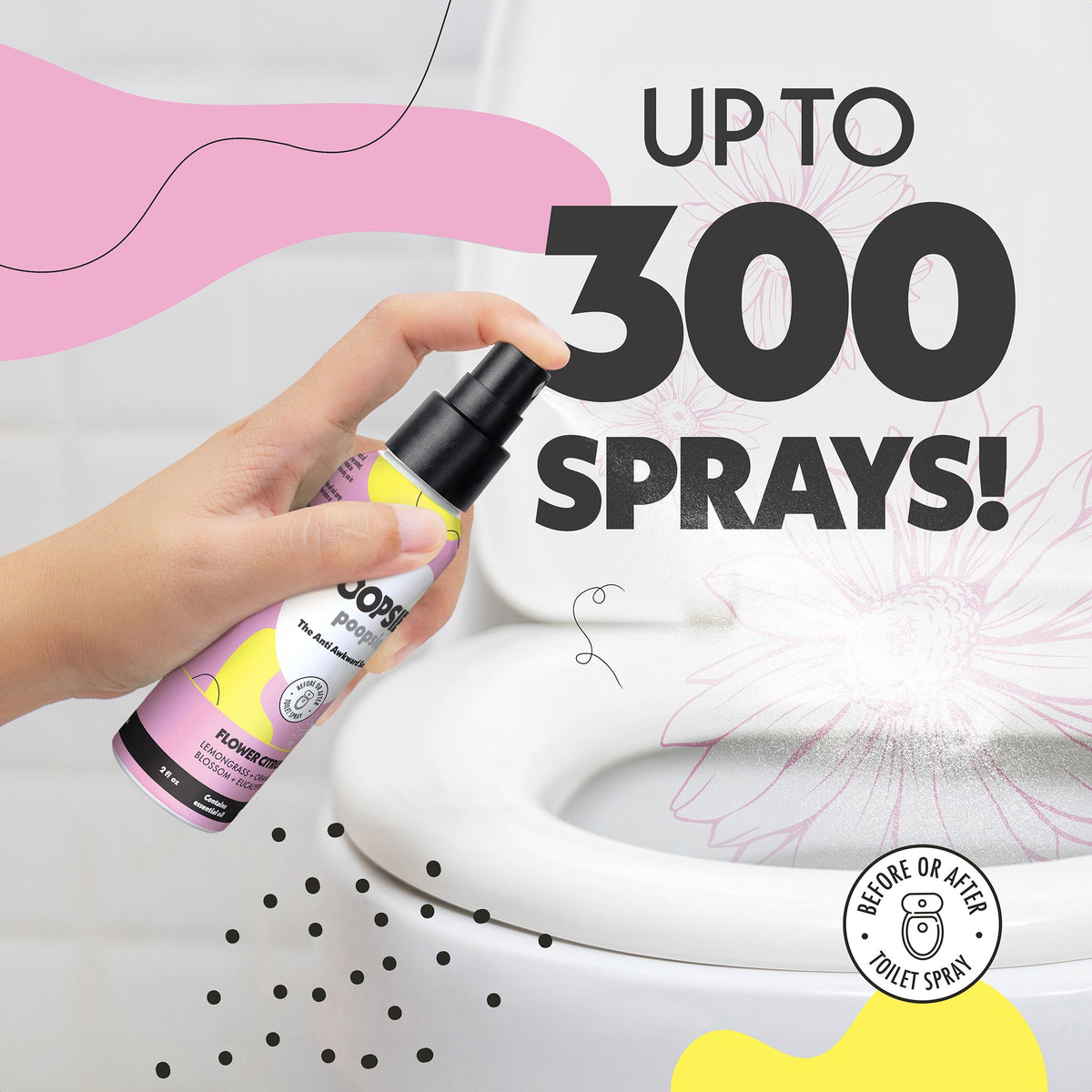 Up to 300 sprays in one 2oz Flower Citrus toilet spray bottle
