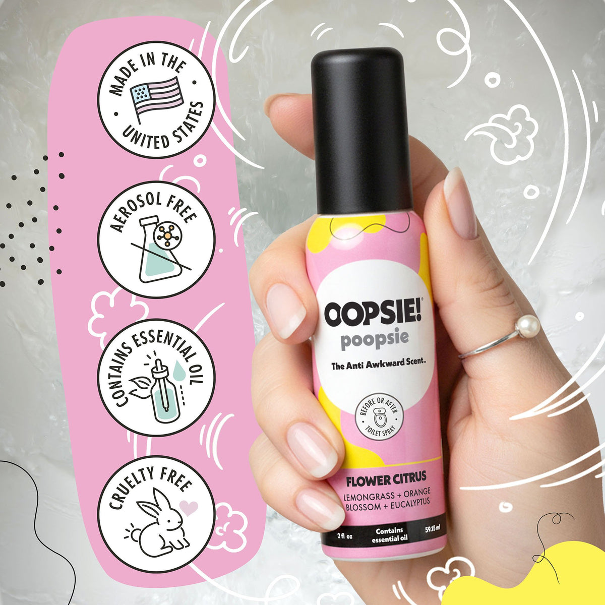 Flower Citrus toilet spray: made in the USA, aerosol free, contains essential oils, cruelty free