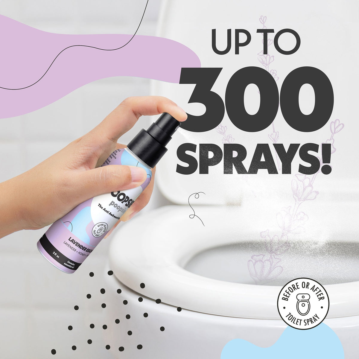 Up to 300 sprays in one 2oz Lavender Escape toilet spray bottle