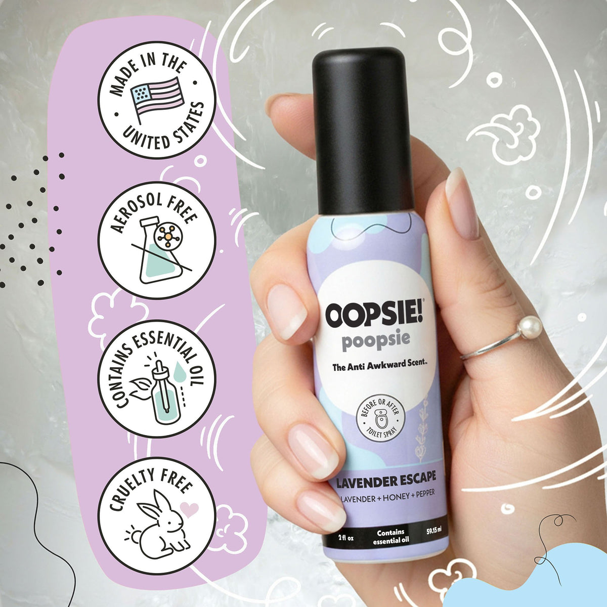 Lavender Escape toilet spray: made in the USA, aerosol free, contains essential oils, cruelty free