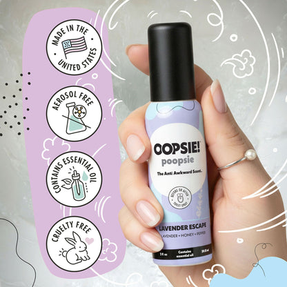 Lavender Escape toilet spray: made in the USA, aerosol free, contains essential oils, cruelty free