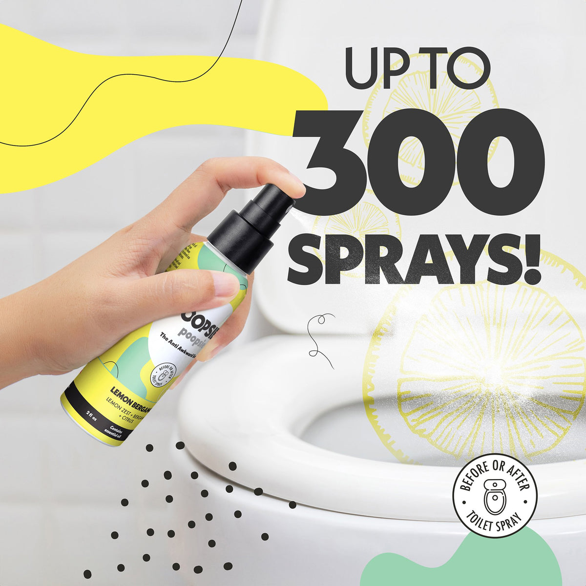 Up to 300 sprays in one 2oz Lemon Bergamot toilet spray bottle
