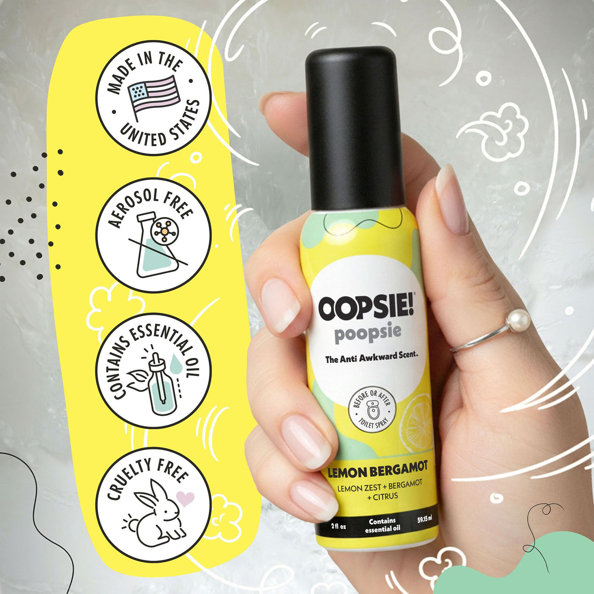 Lemon Bergamot toilet spray: made in the USA, aerosol free, contains essential oils, cruelty free