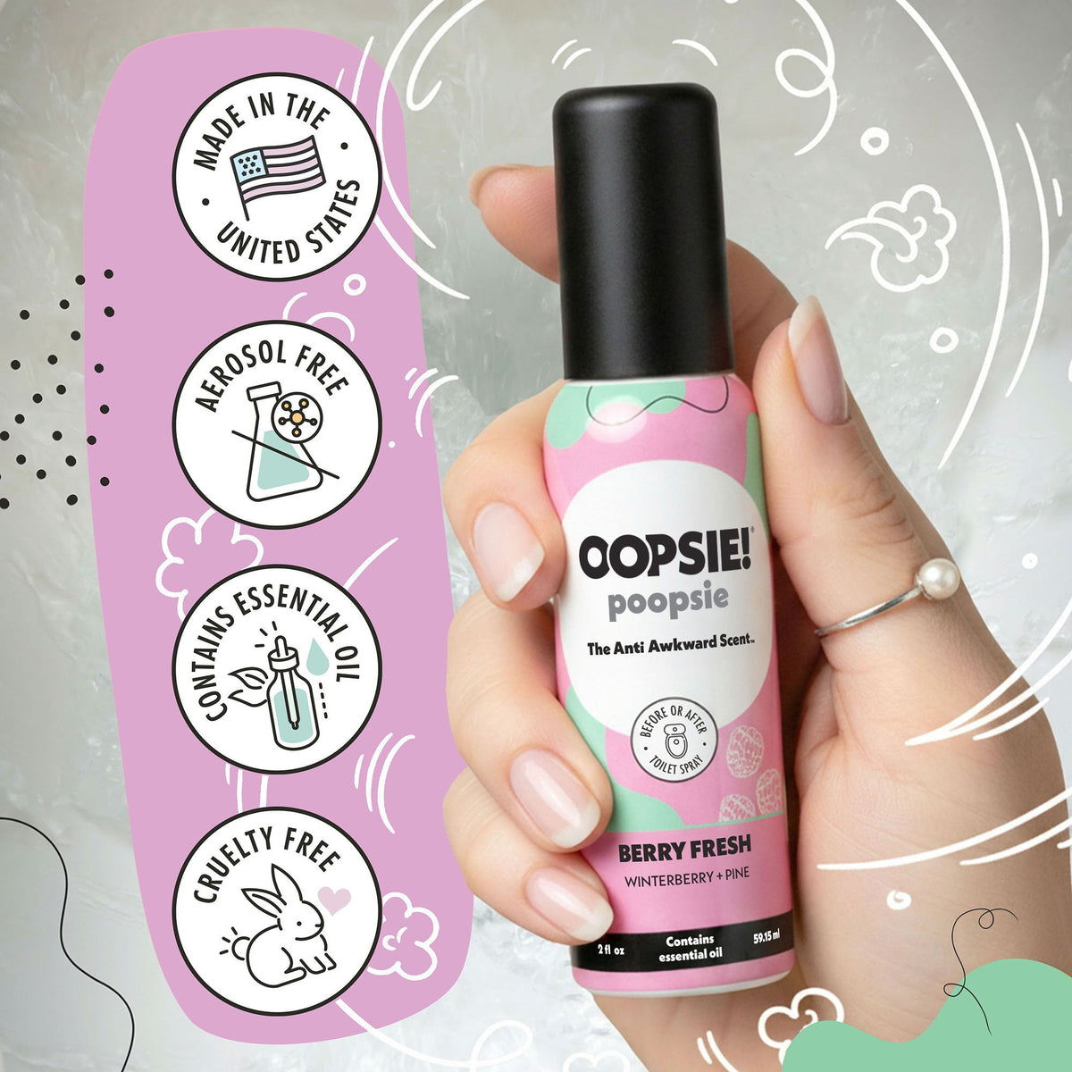 Berry Fresh toilet spray: made in the USA, aerosol free, contains essential oils, cruelty free