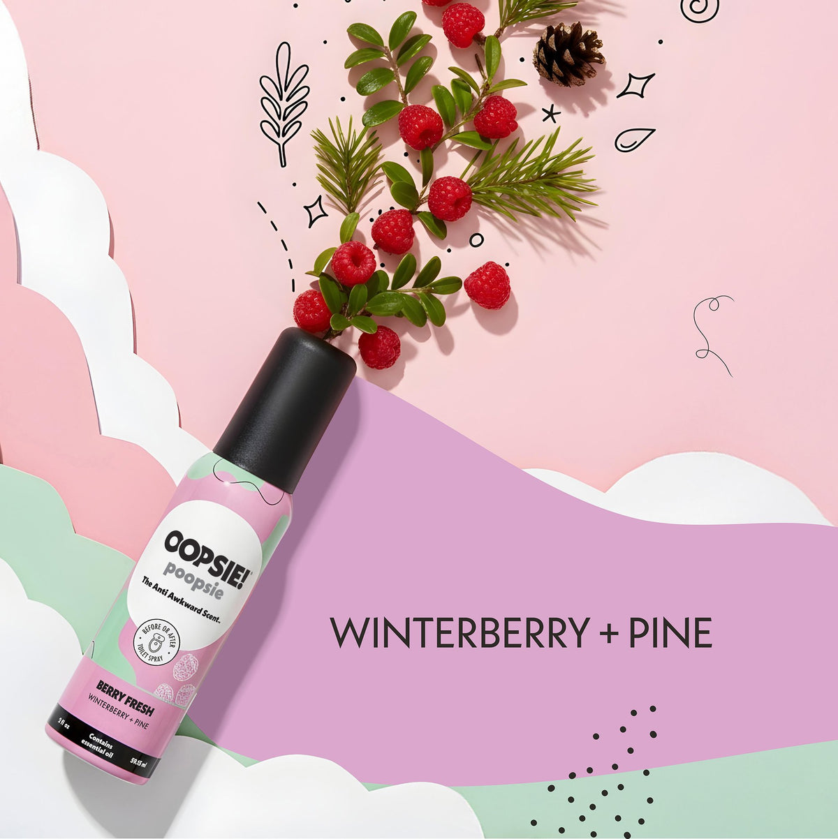 Berry Fresh toilet spray scent notes: winterberry and pine