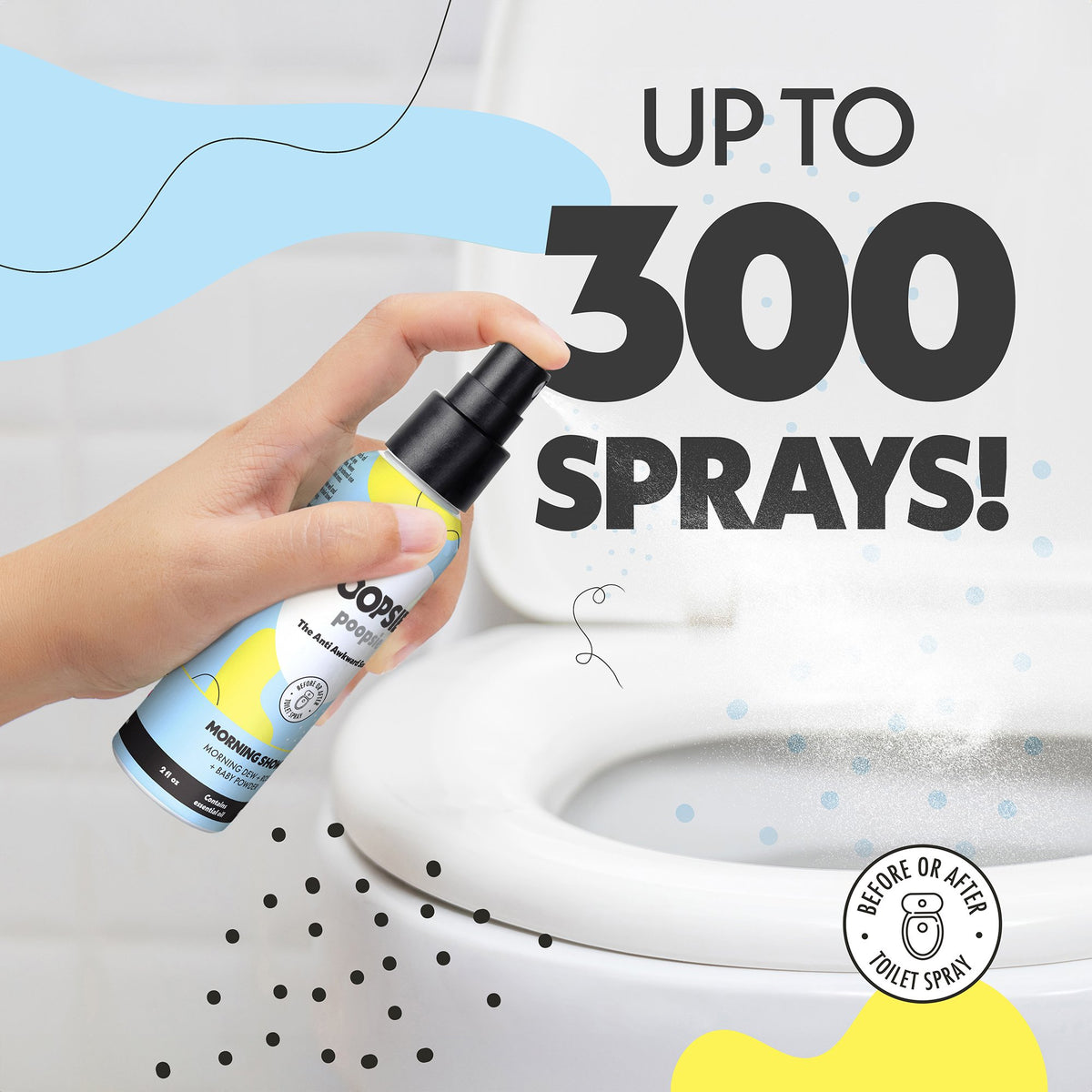 Up to 300 sprays in one 2oz Morning Shower toilet spray bottle