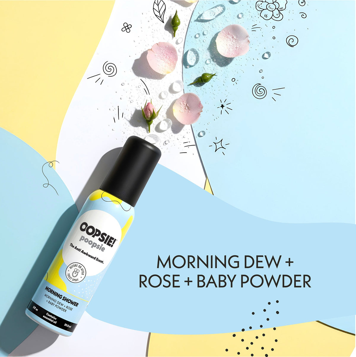 Morning Shower toilet spray scent notes: morning dew, rose and baby powder
