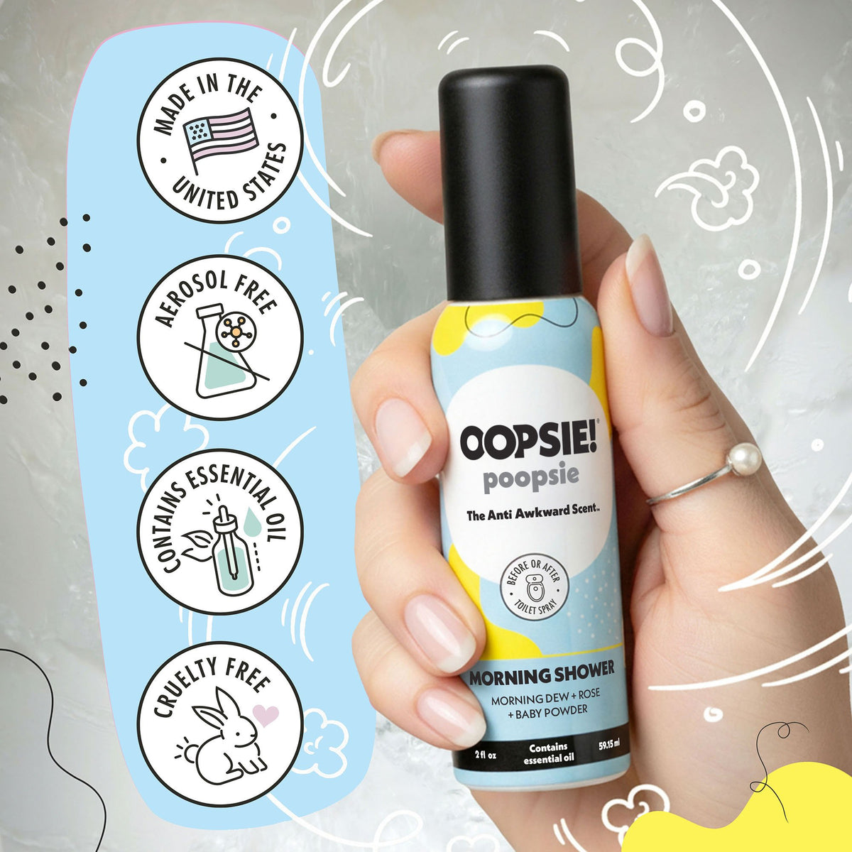 Morning Shower toilet spray: made in the USA, aerosol free, contains essential oils, cruelty free